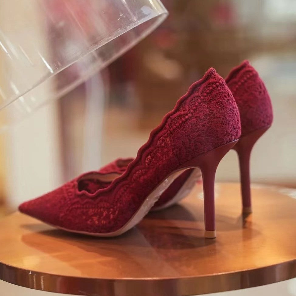 Women's Spring Pointed Stiletto Embroidered Lace Dress Heels