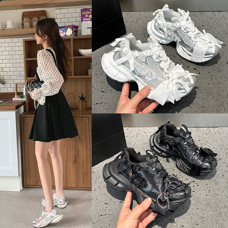 Women's Paris Lace Bow Half Dad Distressed Platform Height Sneakers