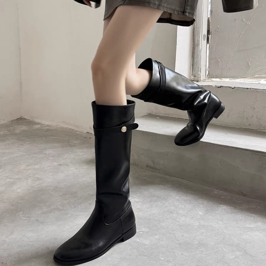 Women's Small Retro Black Tall Knight Belt Women's Leather Boots