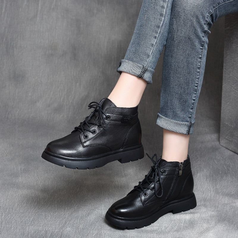 Mori Handsome Retro Cowhide Flat-heeled British Style Women's Leather Boots