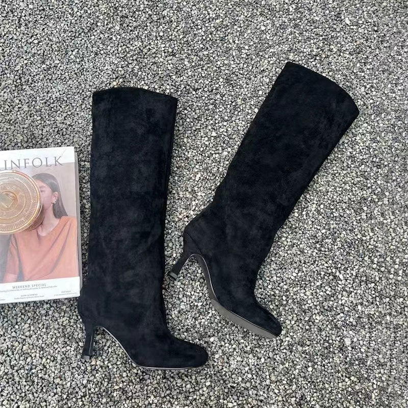 Women's Square Toe Stitching Stiletto Straight High Simple Women's Leather Boots