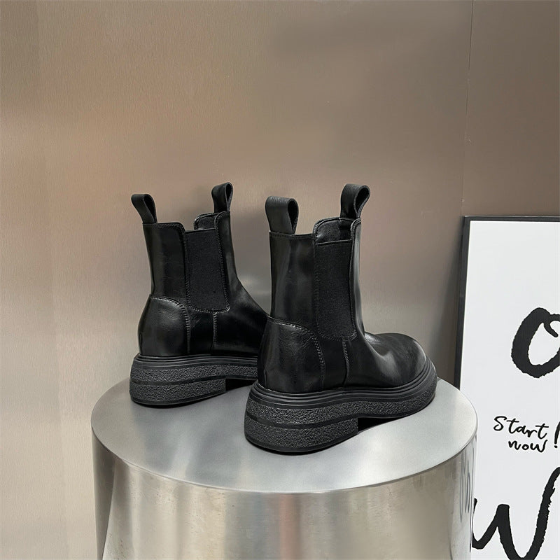 Women's Genuine Elevator Thick-soled British Style Chelsea Pleated Boots