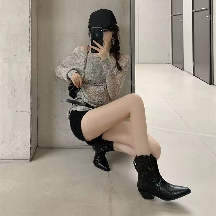 Women's Matching Skirt Short Retro Pointed V-shaped Boots