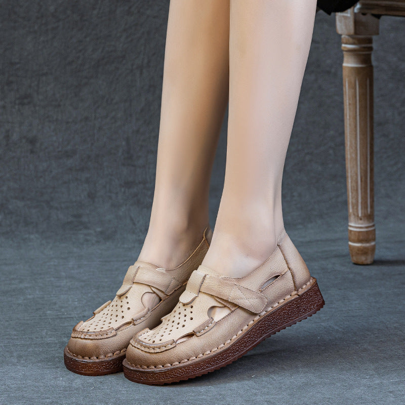 Women's Layer Cowhide Handmade Retro Punching Flat Sandals