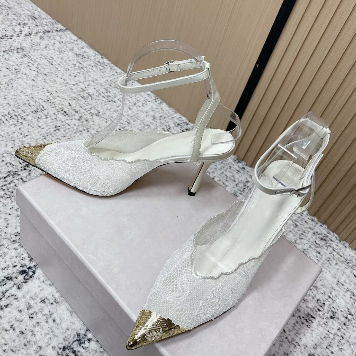 Women's Lace Closed Toe Pointed Stiletto Back Strap Metal Buckle High Heeled Sandals
