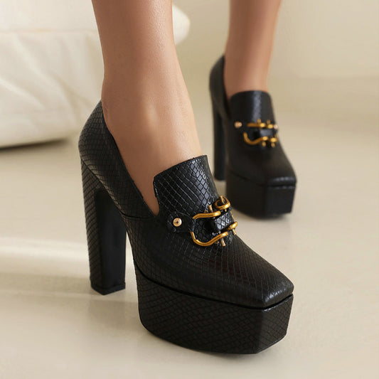 Women's Snake Pattern Square Toe Platform Thick Super Waterproof Metal Fastener Women's Fashion Shoes