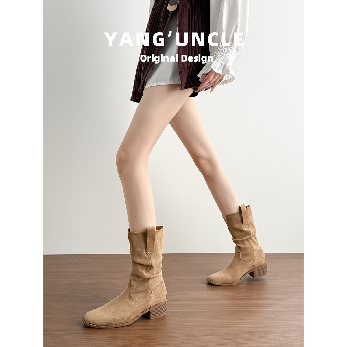 Women's Slimming Western Mid Short Pile Style Women's Leather Boots
