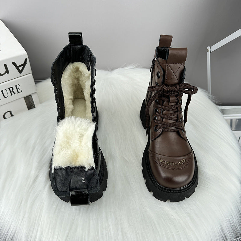 Women's Platform Martin British Style Wool Cotton Fashionable Warm Polished With Women's Leather Boots