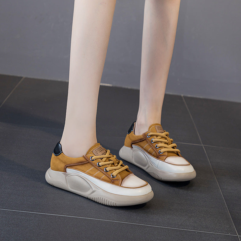 Women's Retro White First Layer Cowhide Platform Casual Shoes