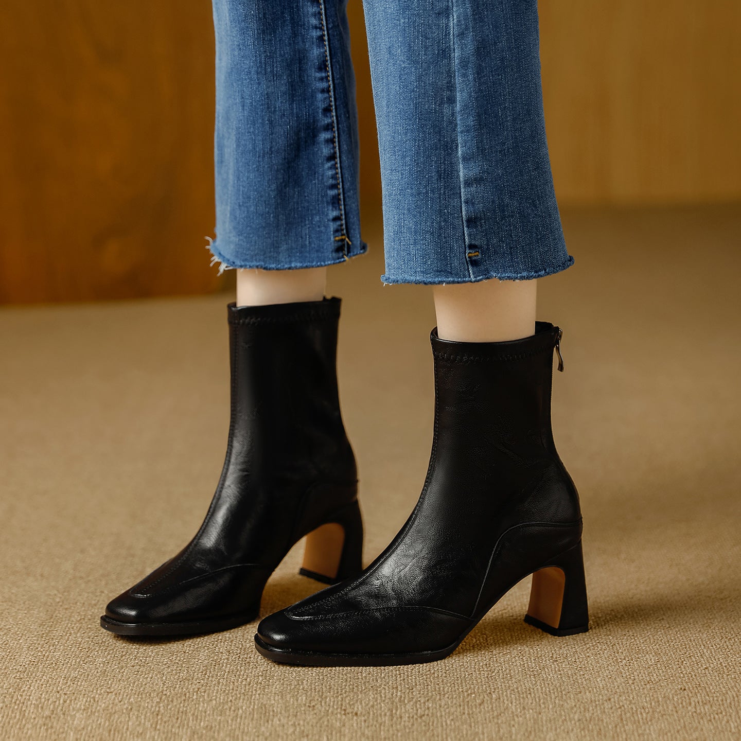 Women's Retro Square Toe High Short Autumn Zip Soft Fashionable Temperamental Women's Leather Boots