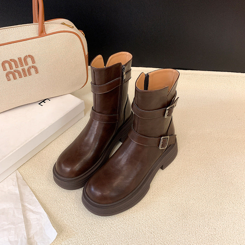 Women's Belt Buckle High Martin Versatile Korean Women's Leather Boots