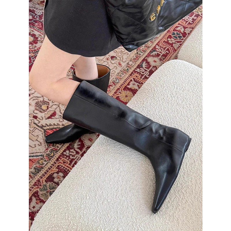 Height Increasing Insole Square Head Temperament High Women's Leather Boots