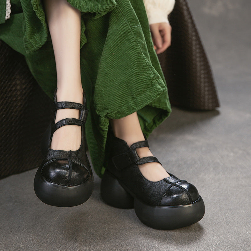Women's Layer Cowhide Vintage Mary Jane Thick Bottom Heightened Single Round Women's Casual Shoes