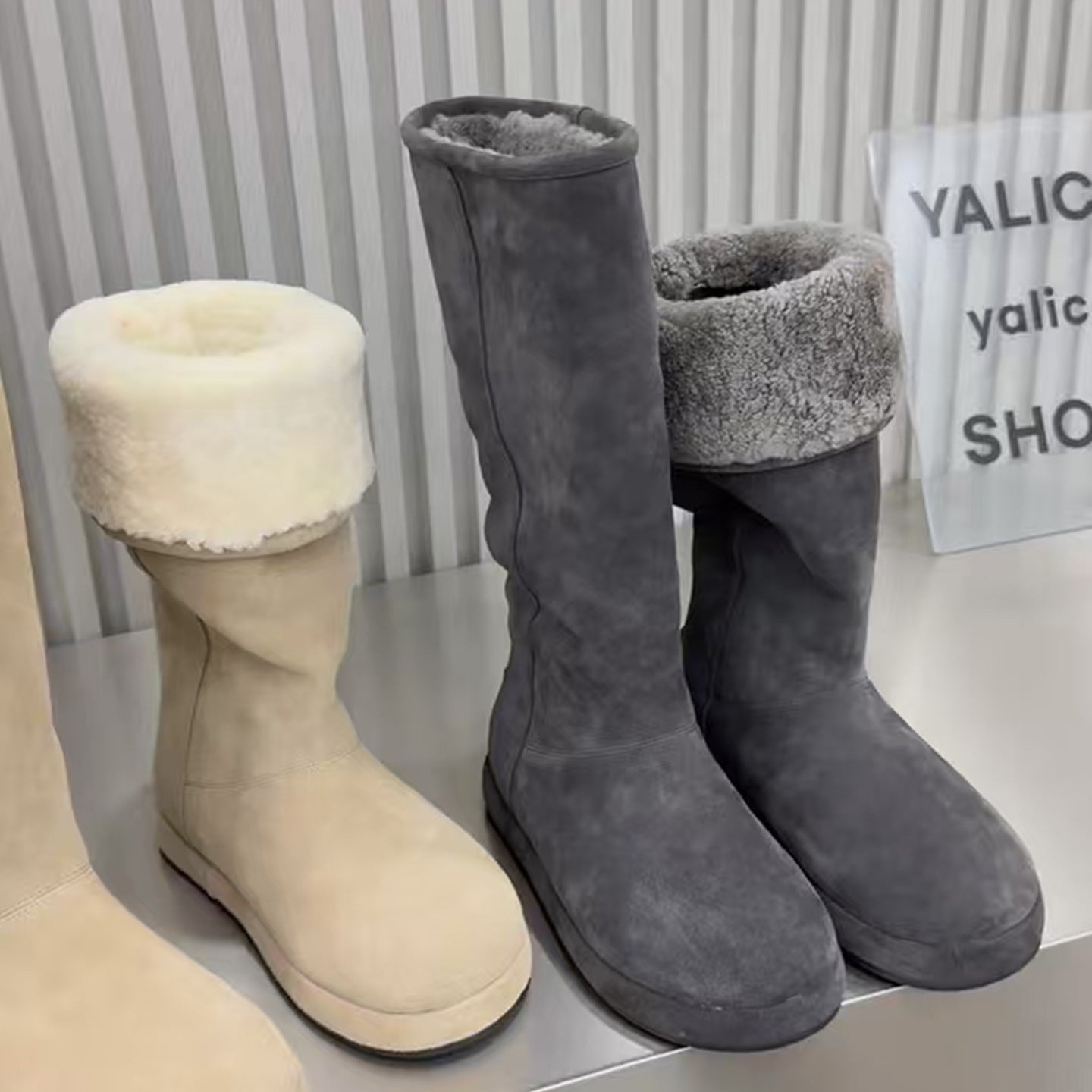 Lamb Fur Thick Bottom Flanging Long Female Gray Fleece Women's Snow Boots