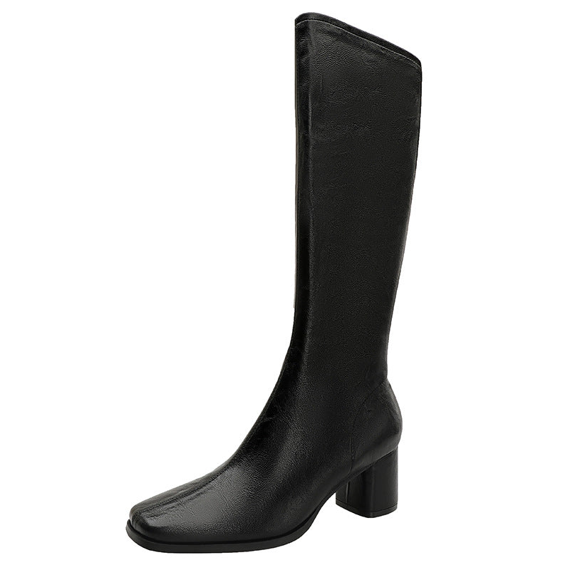 Women's Retro Below The Knee Over Black Soft Side Zipper Square Women's Leather Boots