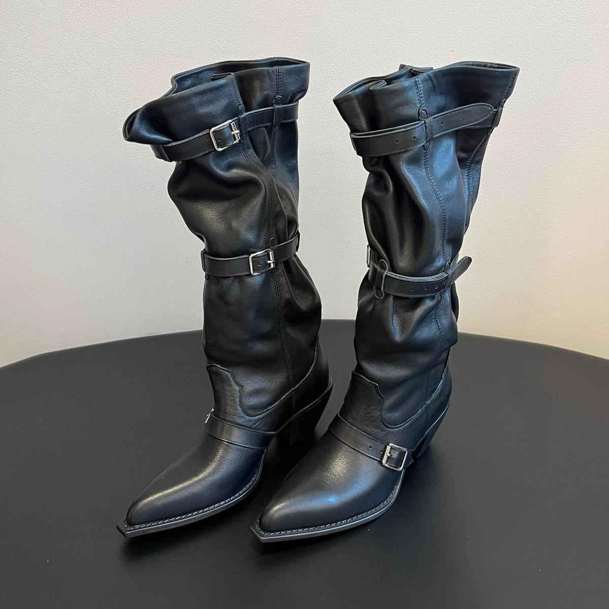 Pointed Toe Large Tube Circumference Pile Style Retro Western Cowboy Women's Leather Boots