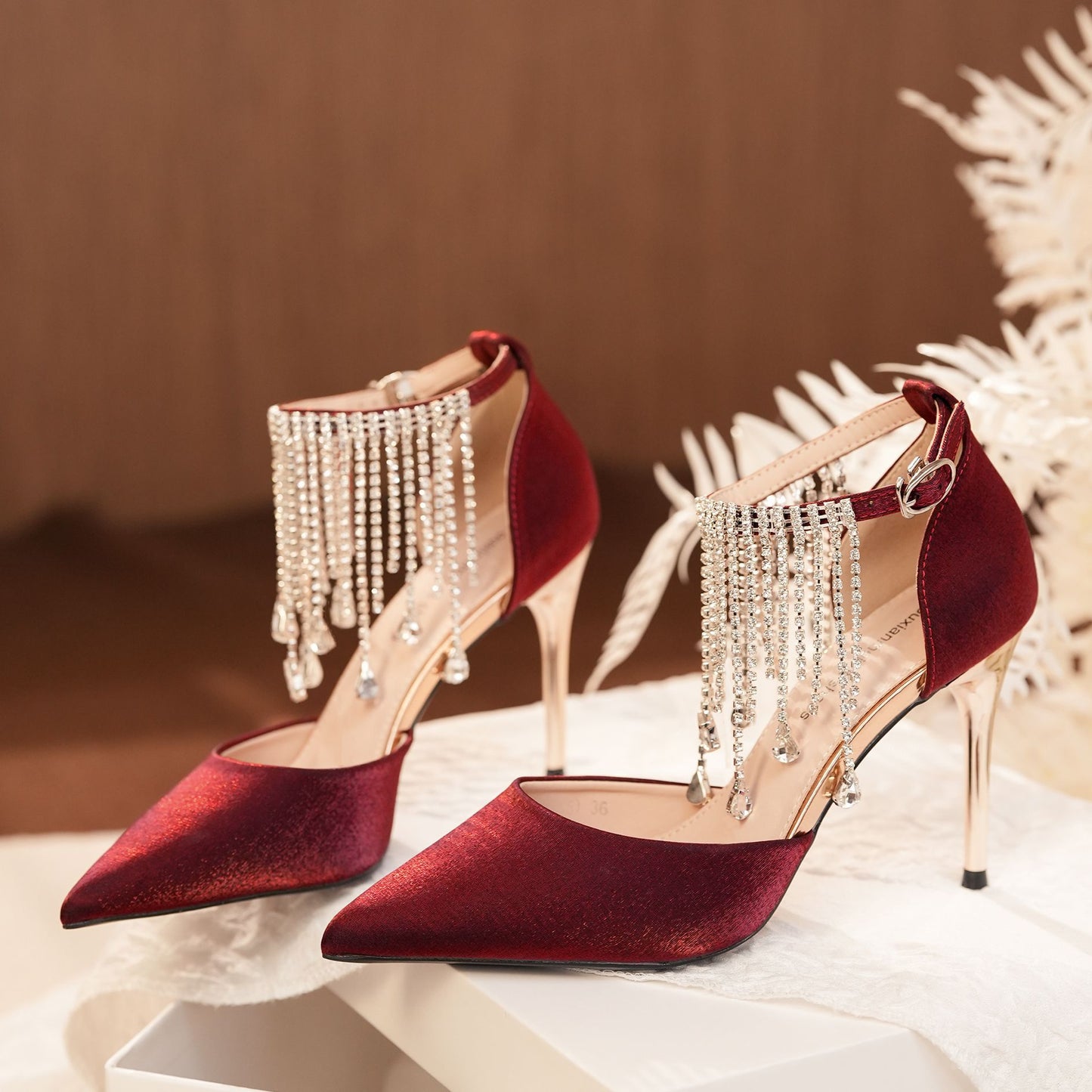 Tassel Chain Hollowed Two-way High Stiletto Pointed Toe Banquet Wedding Heels