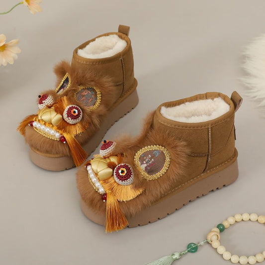 Winter Handmade Tiger Head Rabbit Fur Flat Bottom Comfort Cotton Women's Snow Boots