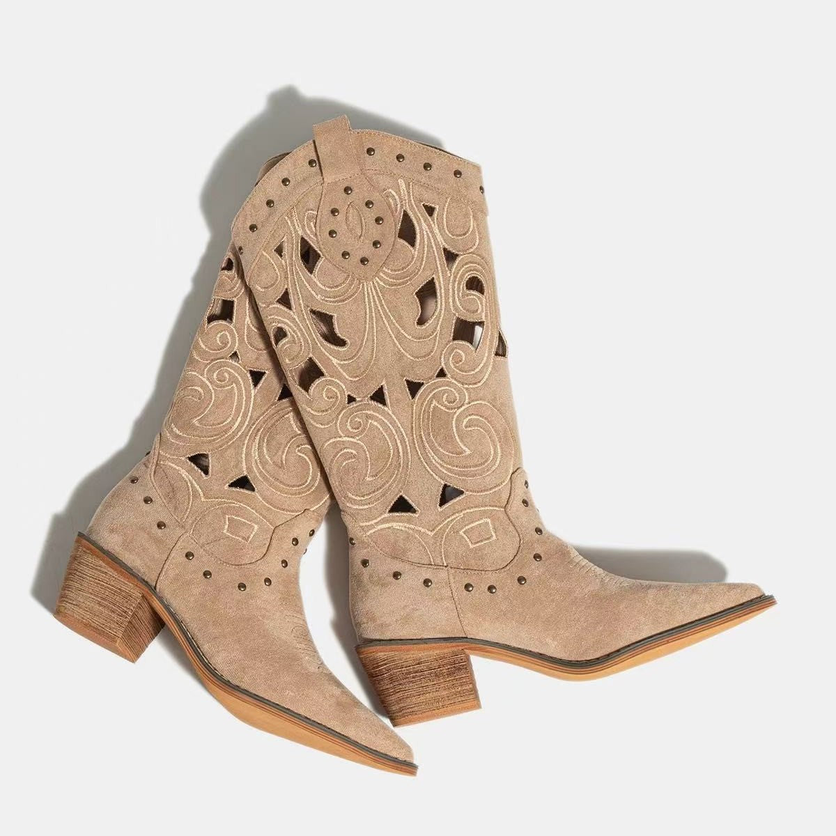 Women's Hollow Out Thick High Western Cowboy Embroidery Mid Retro Frosted Boots