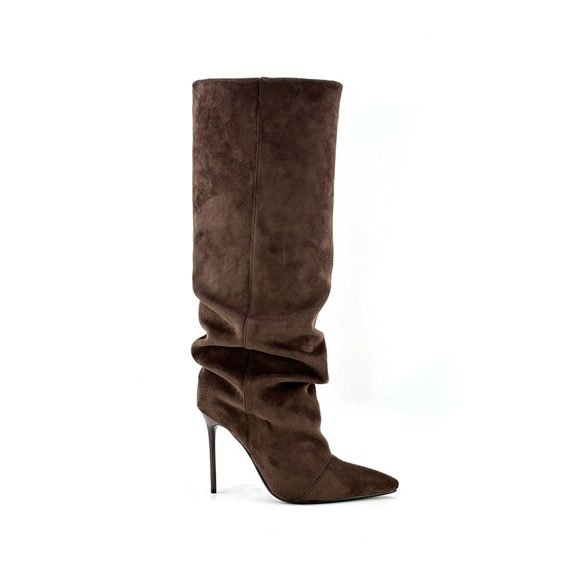 Women's High Side Zipper Pleated Leopard Print Women's Leather Boots