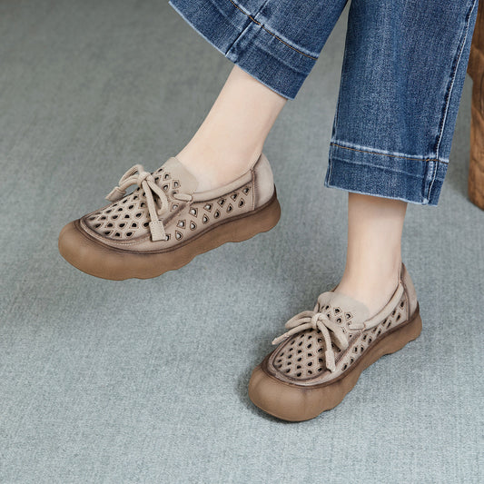 Genuine Flat Soft Bottom Retro Hollow Out Breathable Perforated Lace Casual Shoes