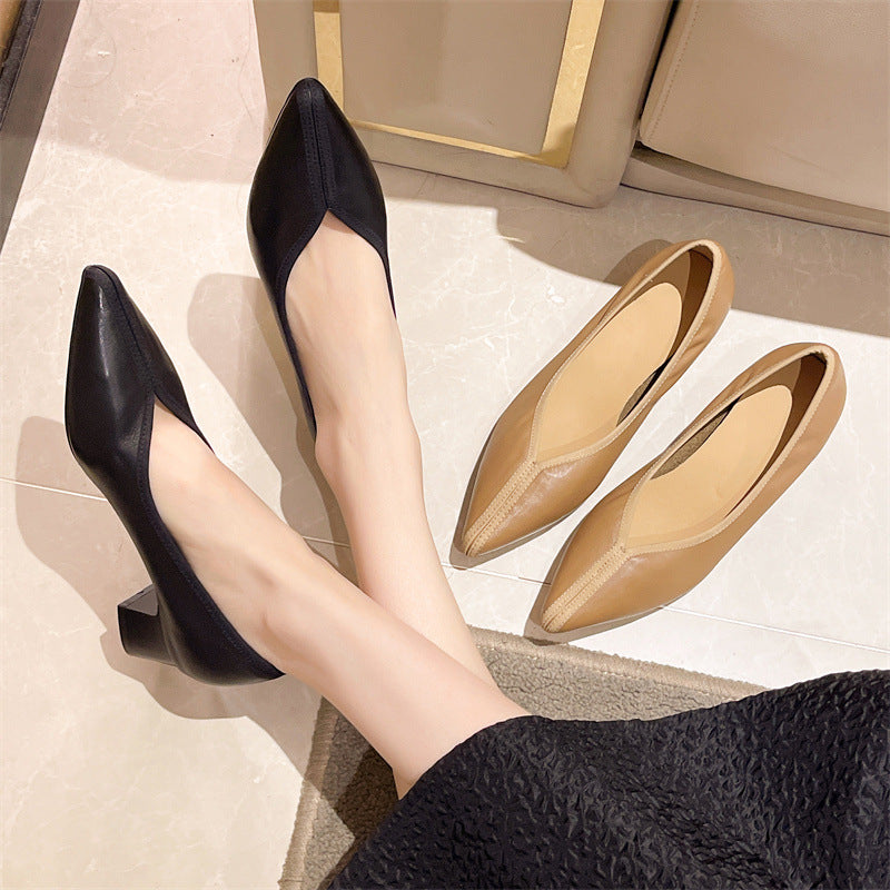 Women's Vintage Spring Genuine Thick Mid Soft V Cut Pointed Toe Women's Fashion Shoes