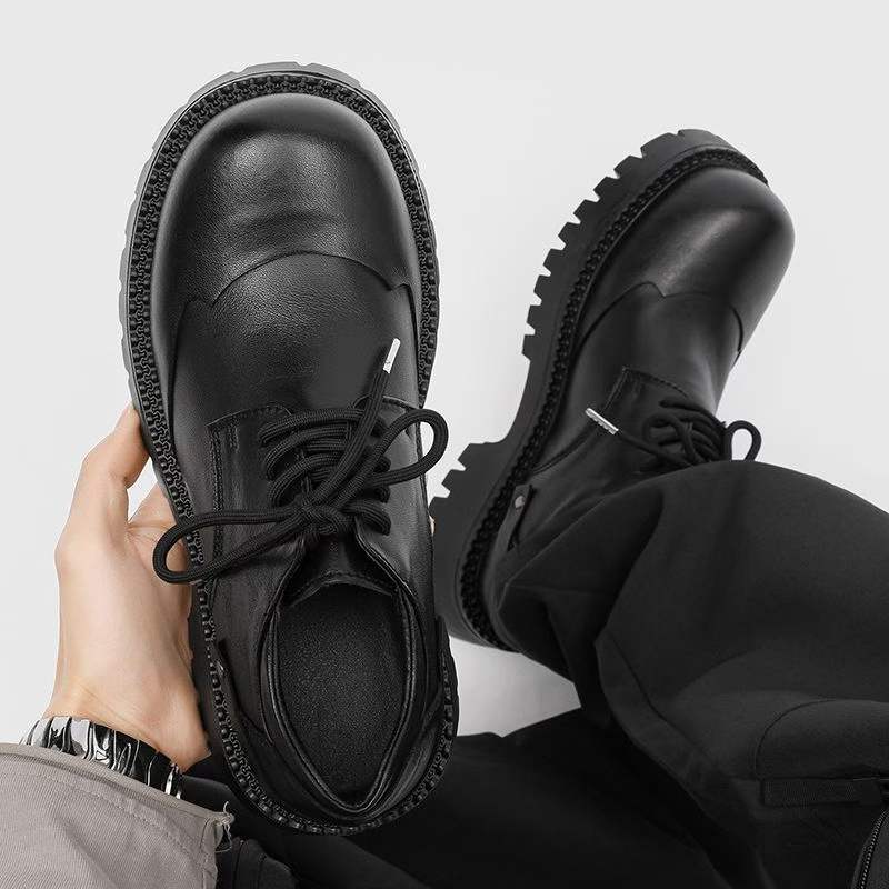 Men's Black Warped Head Thick Bottom Big British Style Men's Casual Leather Shoes