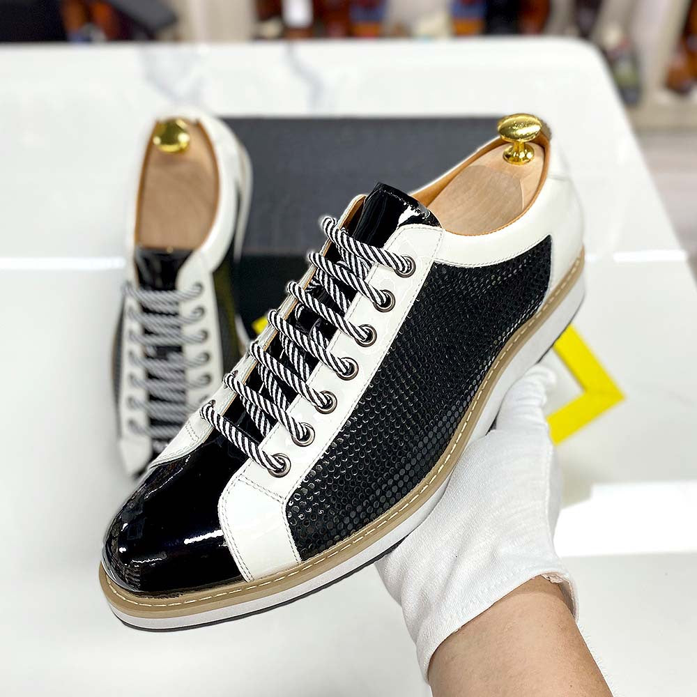 Men's Genuine Black White Color Matching Pointed Leather Shoes
