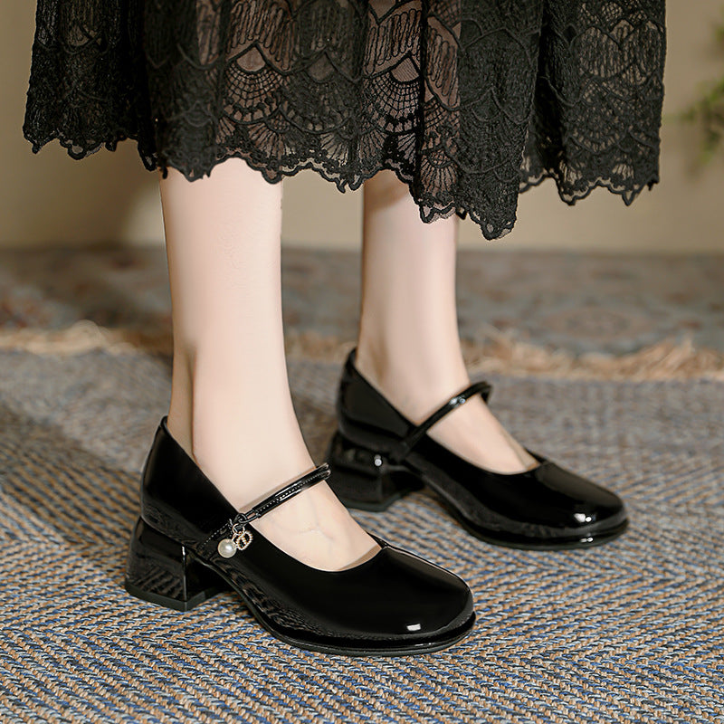 Women's Spring Mirror Pearl Word With Chunky Shallow Mouth Mary Women's Shoes