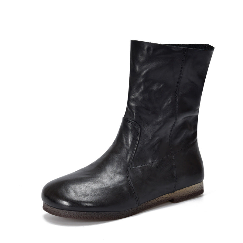 Women's Layer Cowhide Sleeve Middle Round Head Genuine Female Flat Boots