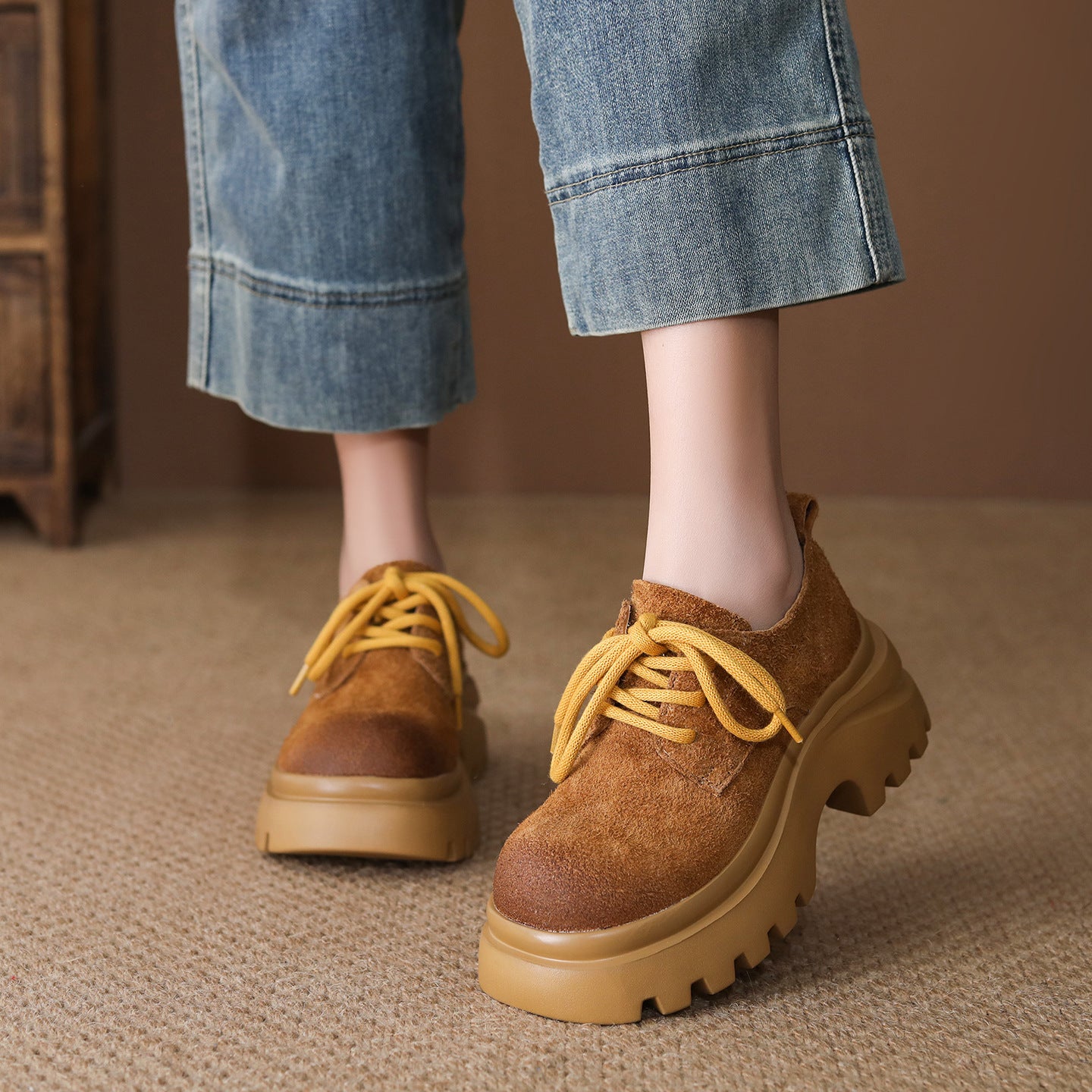 Women's Layer Cowhide Spring Retro Round Head Thick Bottom Women's Casual Shoes