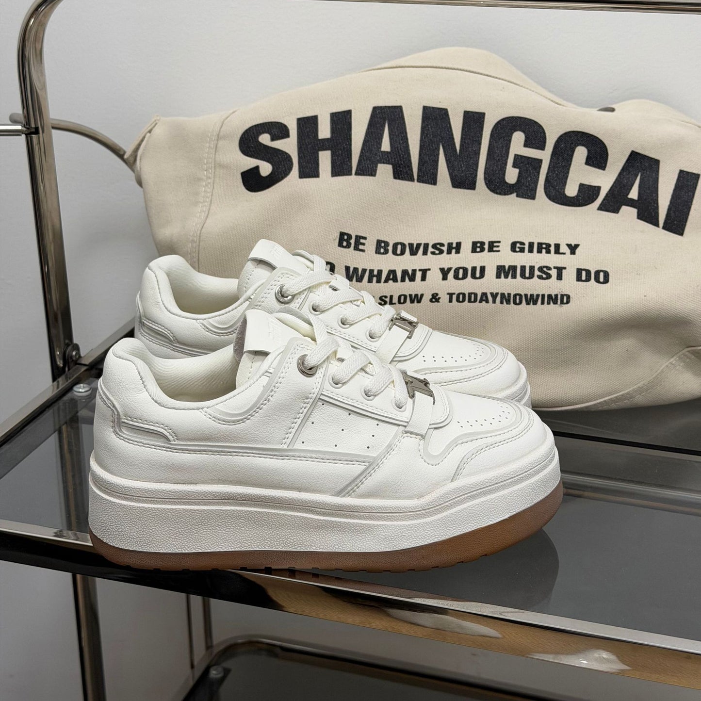 Women's Platform White Polished Retro Fashion Board Casual Shoes