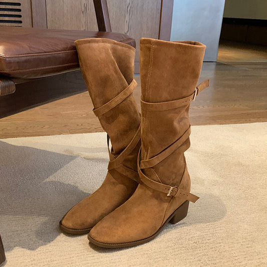 Large Long Leg Tip Round Head Cross With Thick High Boots
