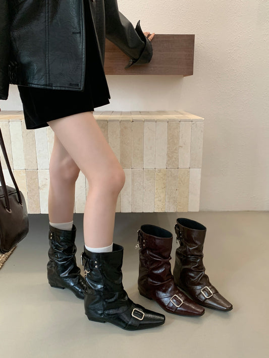 Women's Brown Belt Buckle Booties Western Pile Style Women's Leather Boots