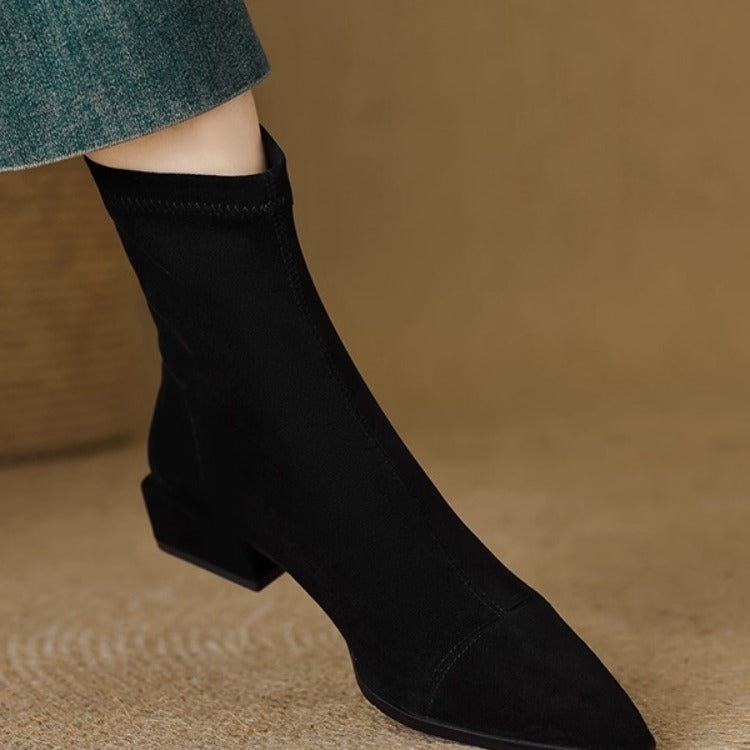 Women's Pointed Toe Stretch Thin Low Suede Chunky Back Women's Leather Boots