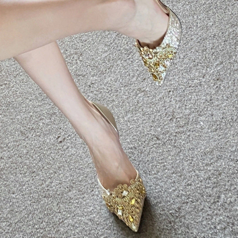 Women's Wedding Bridal French Hollow Closed Toe Stiletto High-grade Rhinestone Banquet Women's Fashion Shoes