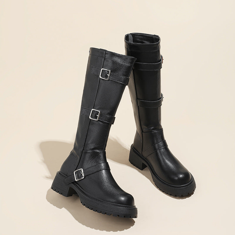 Children's Square Buckle Chunky British Style Middle Vintage Women's Leather Boots