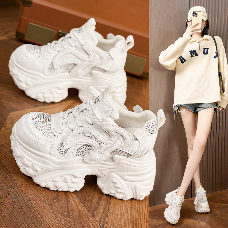Women's Dad Spring Lightweight Fashion Rhinestone Height Increasing Women's Sports Shoes
