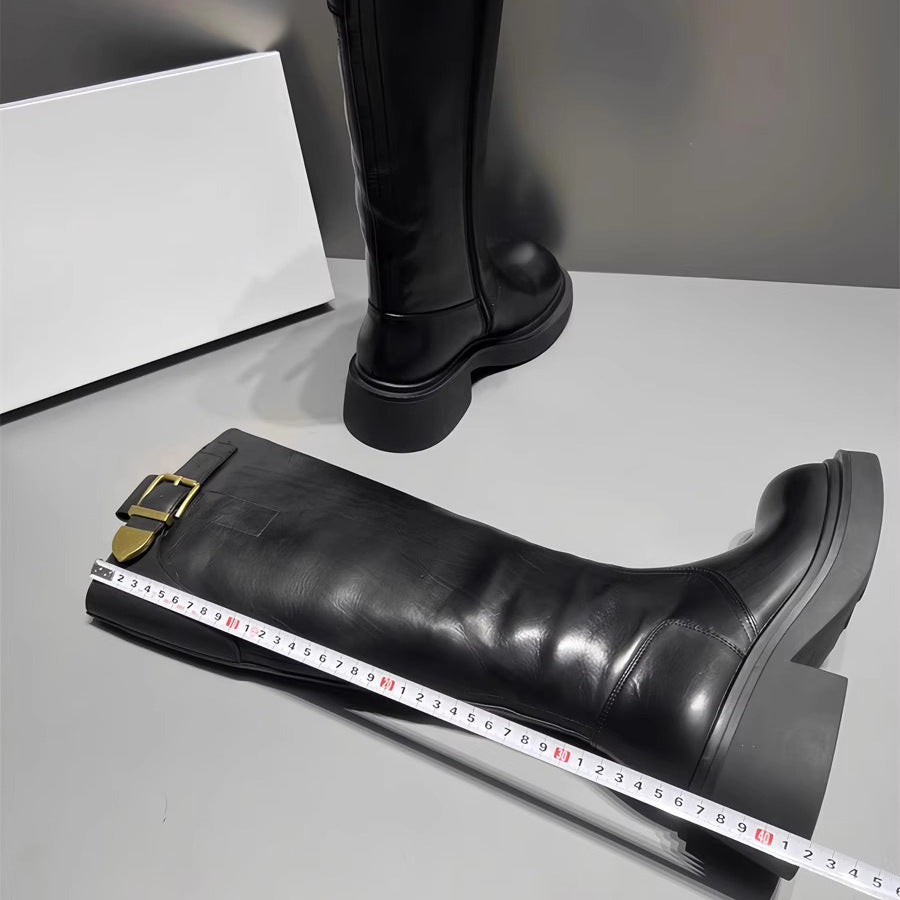 Women's Widened Metal Buckle Knight Fleece-lined Black Round Chunky Women's Leather Boots
