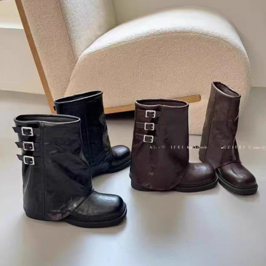 Women's Hot Pleated Pants Pipe Retro British Style Martin Boots