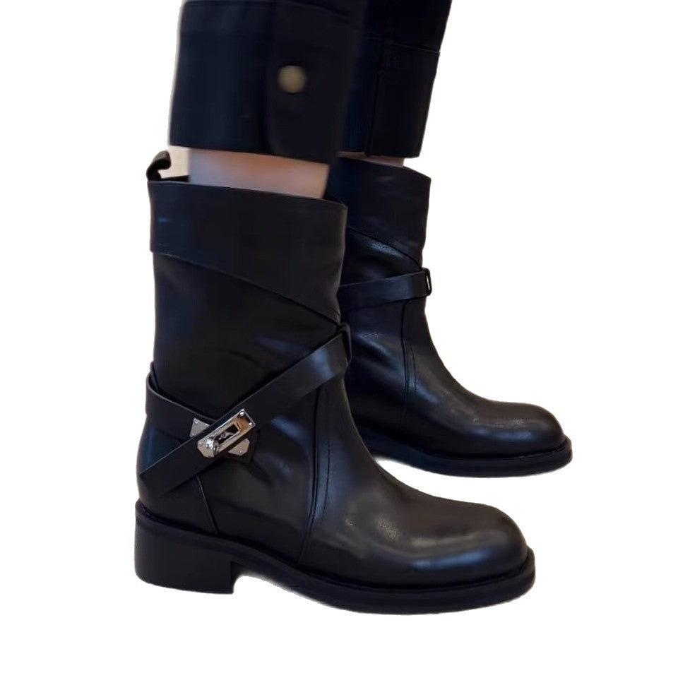 Style Round Toe Belt Lock Daily Chunky Ankle Graceful Fashion Women's Leather Boots