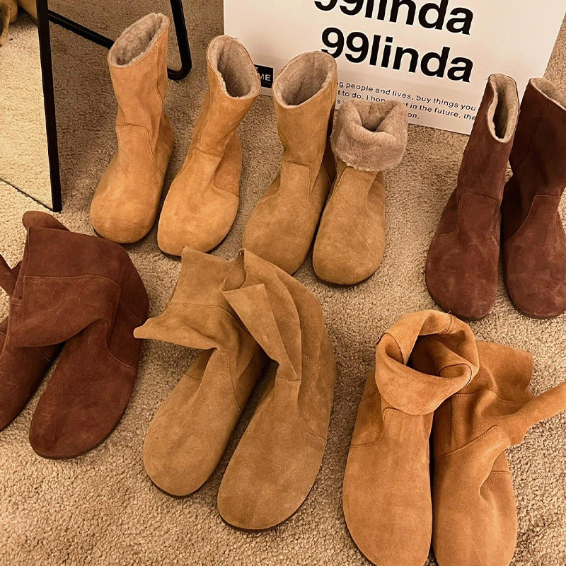 Women's Artistic Suede Flat Ankle Round Toe Women's Leather Boots