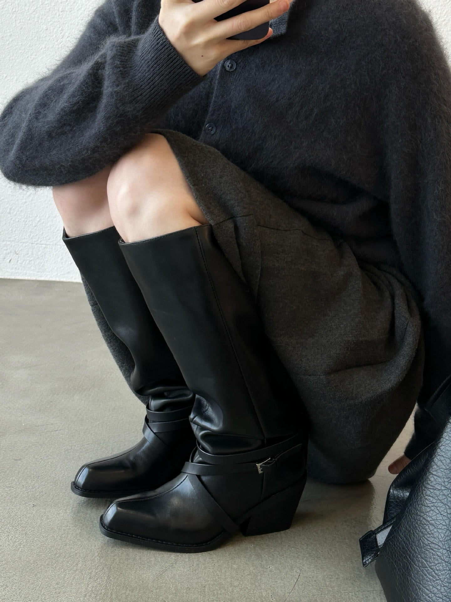 Women's Sheepskin Korean Style Black Thigh Highs Motorcycle Belt Buckle Women's Leather Boots