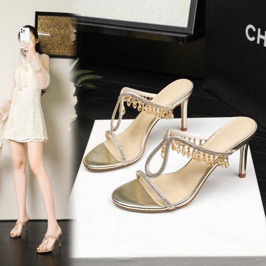 French Style Strap Pendant Rhinestone Ribbon Champagne Fairy Summer Slippers