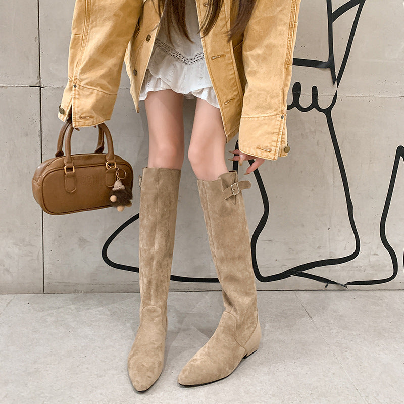 Women's Style Western Knight Pile Suede Pleated Women's Leather Boots