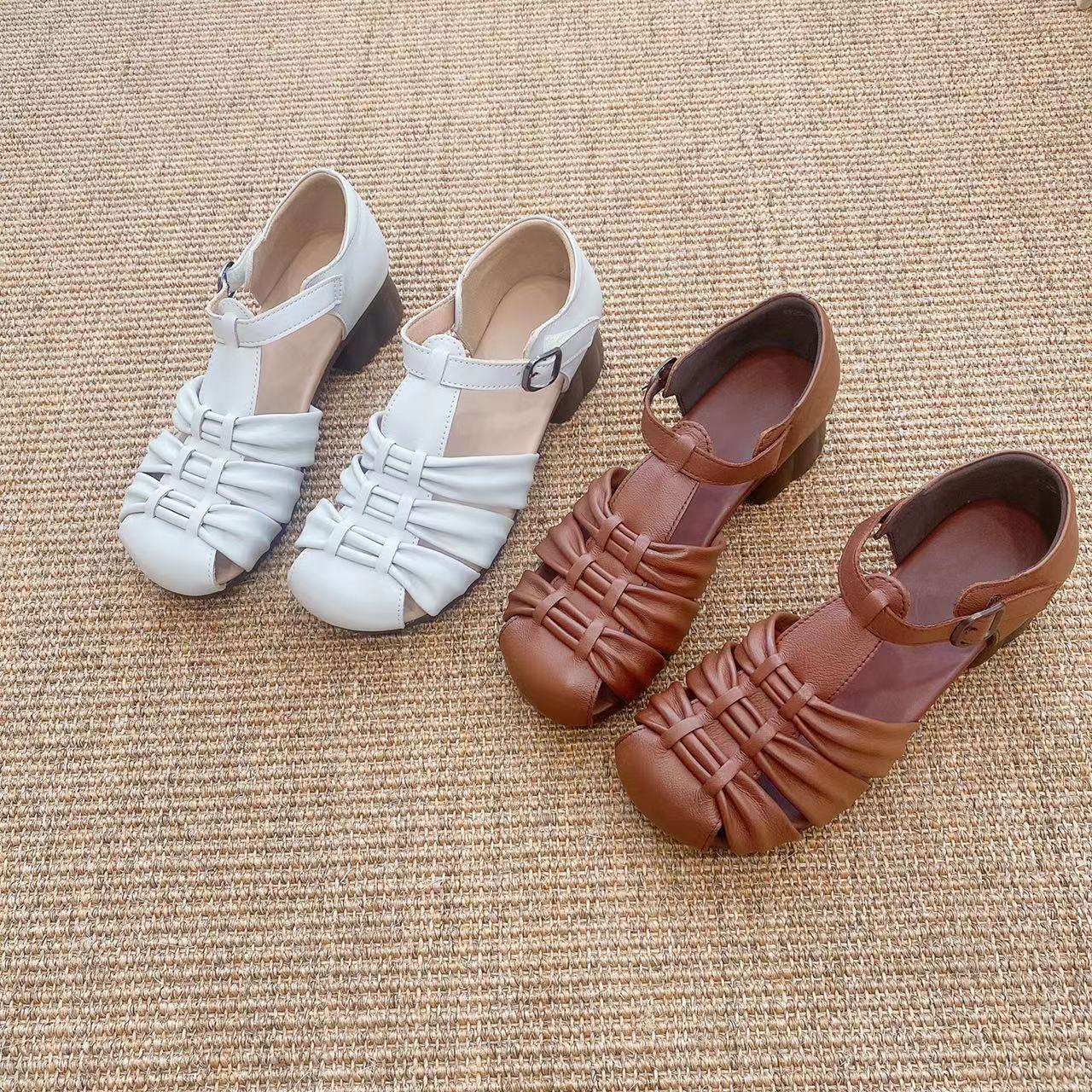 Women's Head Low-cut Top Layer Cowhide Thick Women's Shoes