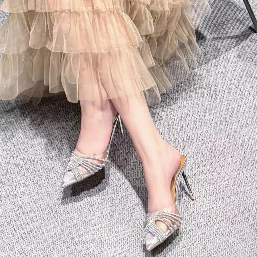 Sier Closed Toe Cross Rhinestone High Transparent Heels