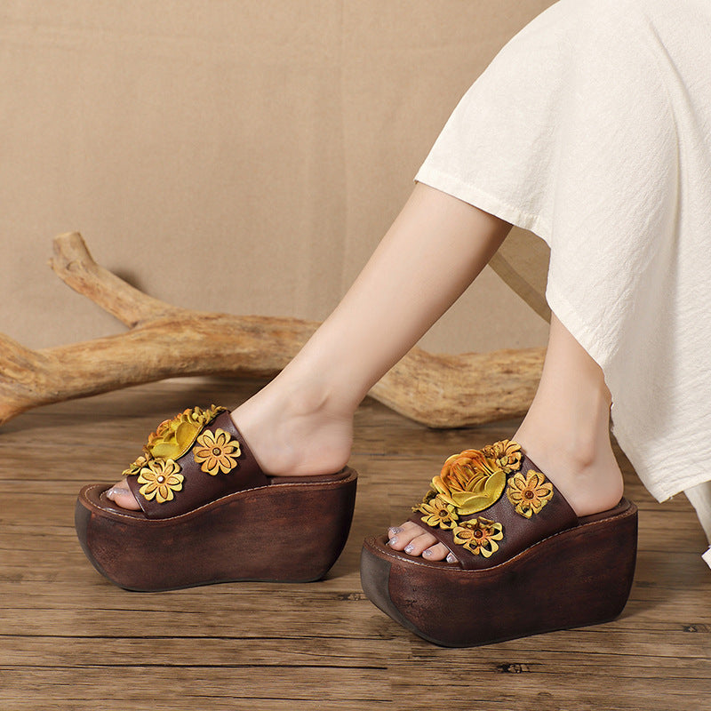 Women's Fur Washed Cowhide Hand-rub Color Genuine Thick-soles Slippers