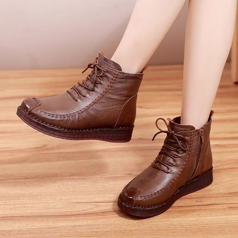 Women's Real With Fleece Lining Mother's Soft Bottom Tendon Flat Cotton Women's Leather Boots