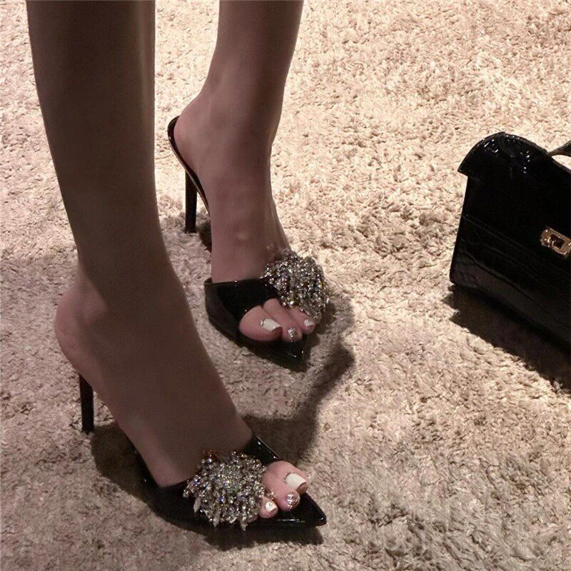 Women's Toe Pointed Rhinestone High Black Patent Stilettos Heels